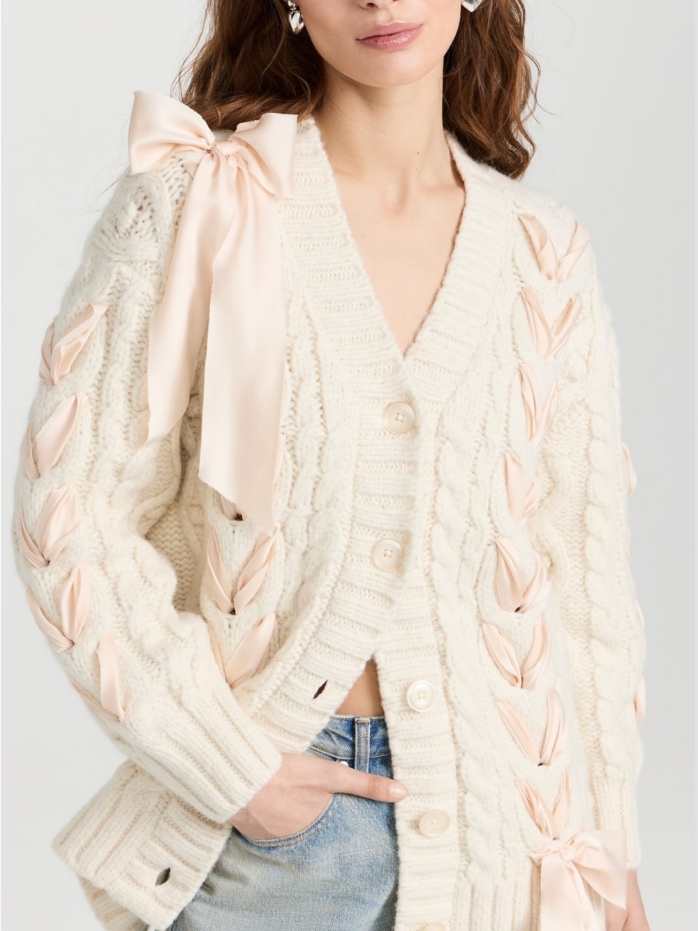 LoveShackFancy Cream Cable-Knit Cardigan with Blush Ribbon Braid